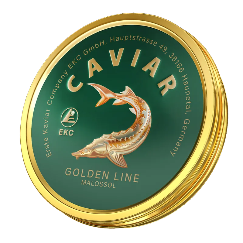 Störkaviar «Golden Line» Dose – Deckelansicht mit grünem Golden-Line-Etikett und goldenem Stör