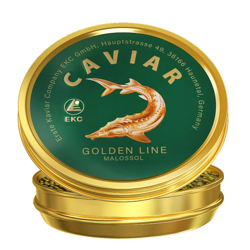 Störkaviar «Golden Line» Dose – geschlossene Dose Frontalansicht mit Golden-Line-Etikett