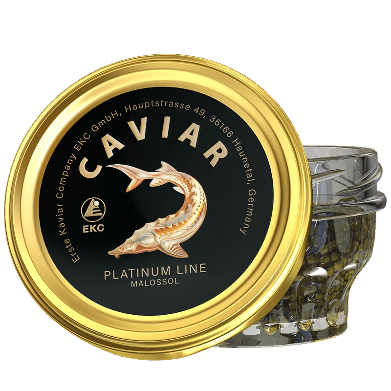 Störkaviar «Platinum Line» – Glas mit schwarzem Kaviar und schwarzem Platinum-Line-Deckel mit silbernem Störmotiv