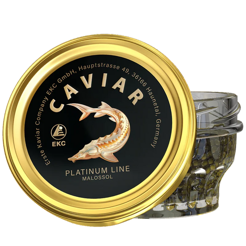 Störkaviar «Platinum Line» – Glas mit schwarzem Kaviar und schwarzem Platinum-Line-Deckel mit silbernem Störmotiv