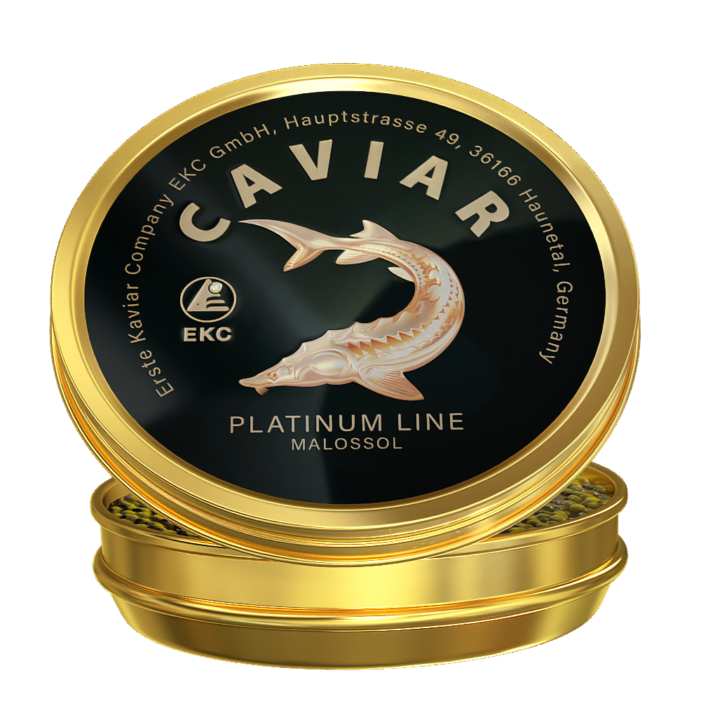 Störkaviar «Platinum Line» 50g in der Dose – zwei Dosen gestapelt