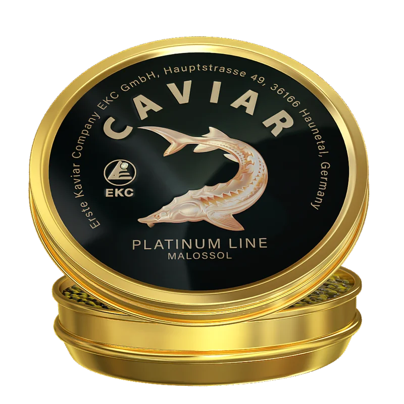 Störkaviar «Platinum Line» Dose – geschlossene Dose mit schwarzem Platinum-Line-Deckel und silbernem Störmotiv