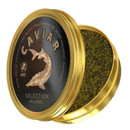Störkaviar «SELECTION» 500g – geöffnete goldene Dose mit sichtbarem Kaviar und Störmotiv-Etikett