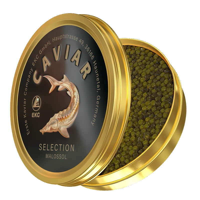 Störkaviar «SELECTION» 500g – geöffnete goldene Dose mit sichtbarem Kaviar und Störmotiv-Etikett