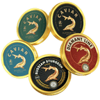 Störkaviar Set «All In» – fünf Störkaviar-Dosen verschiedener Linien (Silver, Platinum, Diamant, Russian Sturgeon, Golden) angeordnet