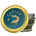 Störkaviar «Silver Line» – Glas mit schwarzem Kaviar und goldenem Deckel mit türkisem Silver-Line-Etikett