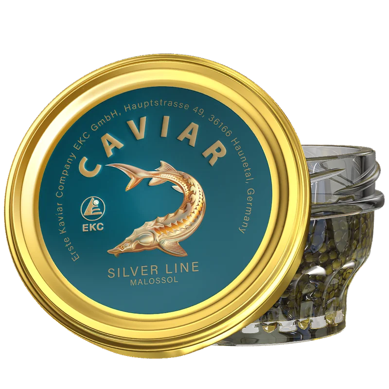 Störkaviar «Silver Line» – Glas mit schwarzem Kaviar und goldenem Deckel mit türkisem Silver-Line-Etikett