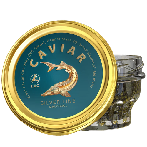 Störkaviar «Silver Line» – Glas mit schwarzem Kaviar und goldenem Deckel mit türkisem Silver-Line-Etikett