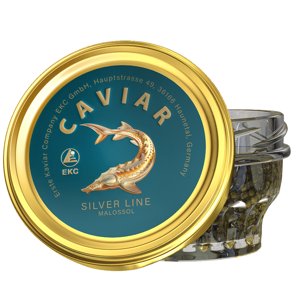 Störkaviar «Silver Line» 100g im Glas – Deckelansicht mit Kaviar