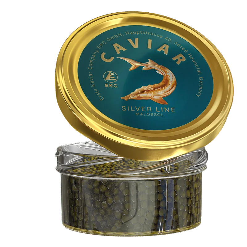 Störkaviar «Silver Line» – Glas mit schwarzem Kaviar, prominenter goldener Deckel