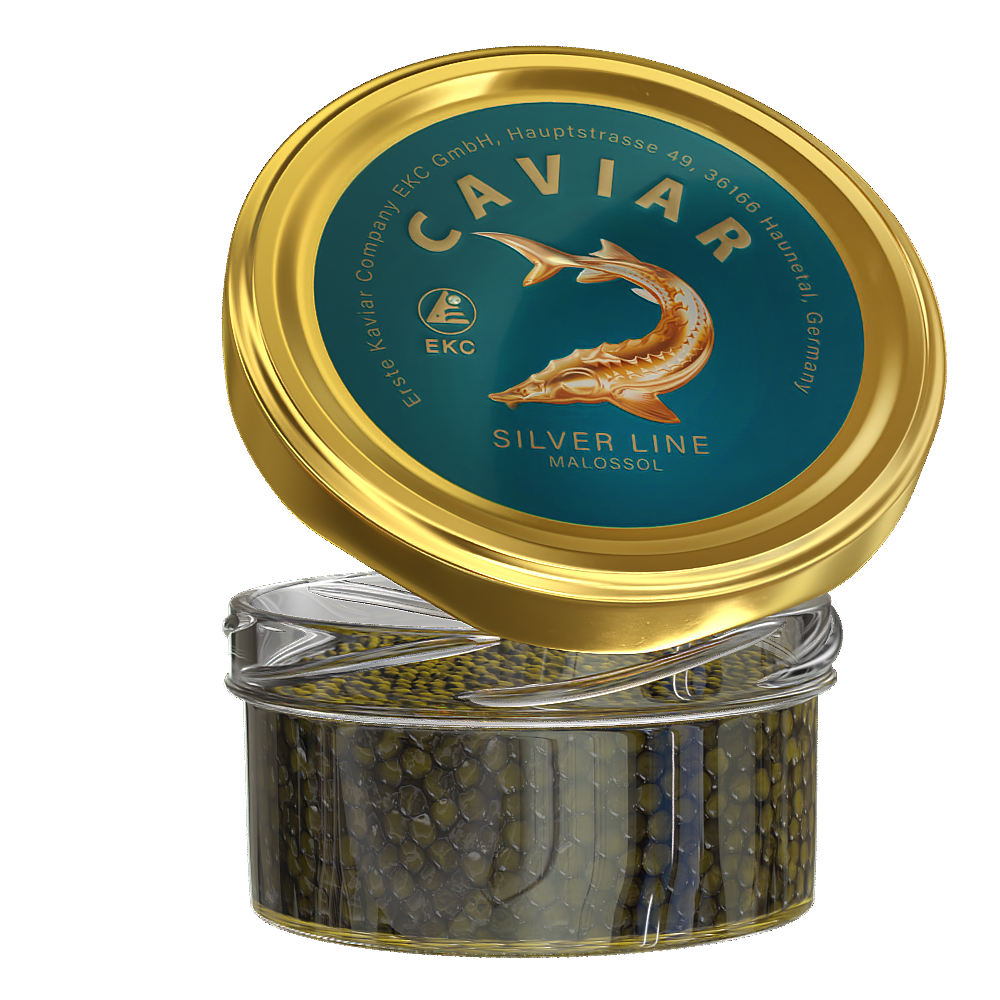 Störkaviar «Silver Line» 50g im Glas – Schrägansicht mit Kaviar