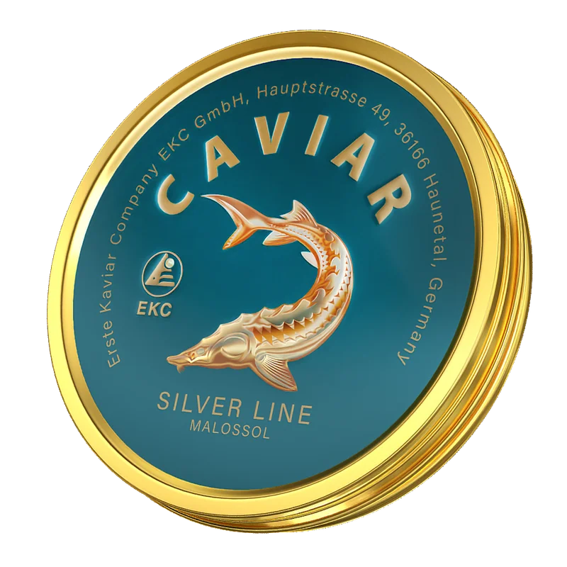 Störkaviar «Silver Line» Dose – Deckelansicht mit türkisem Silver-Line-Etikett und goldenem Stör