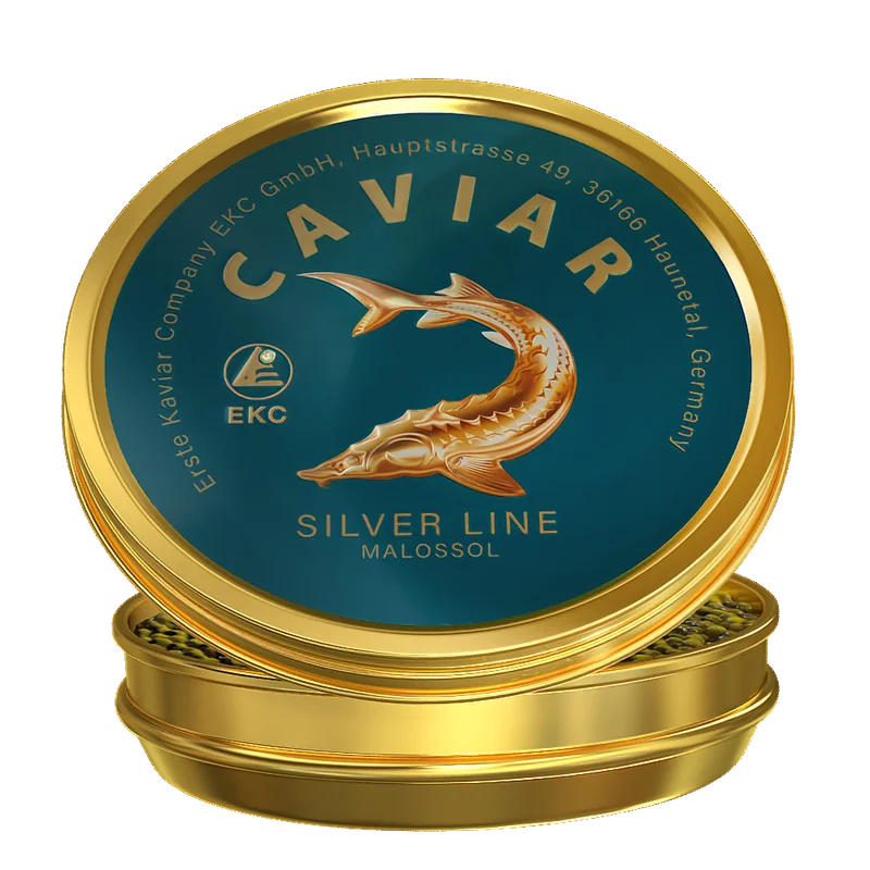 Störkaviar «Silver Line» Dose – geschlossene Dose Frontalansicht mit Silver-Line-Etikett