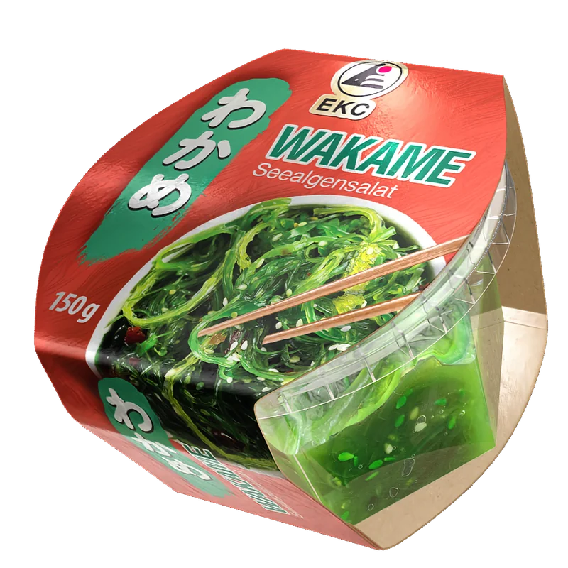 WAKAME Seealgensalat 150g – Verpackung mit rotem Etikett, Wakame-Salat und Ess-Stäbchen sichtbar