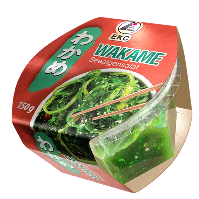WAKAME Seealgensalat 150g – Verpackung mit rotem Etikett, Wakame-Salat und Ess-Stäbchen sichtbar
