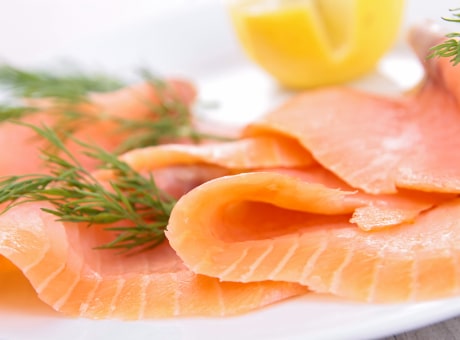 Pink salmon filet in slices, cold-smoked